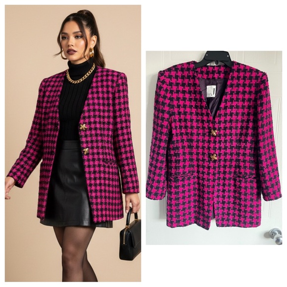 Studio J Jackets & Blazers - 80s Revival Houndstooth Blazer Fuchsia Pink Tweed Power Suit